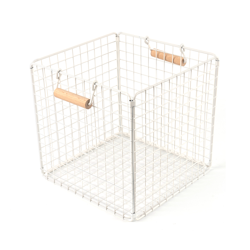 パントリー用木製ハンドル付きワイヤー収納バスケット