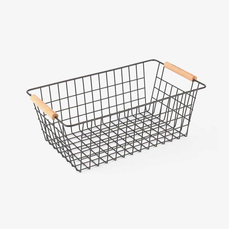 木製ハンドル付き収納バスケット